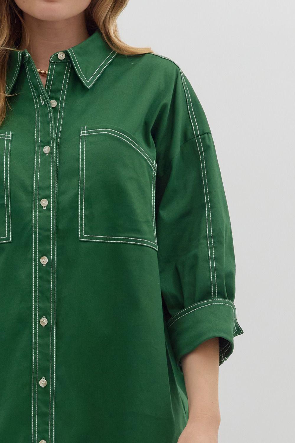 Green Exposed Stitch Shirt Dress