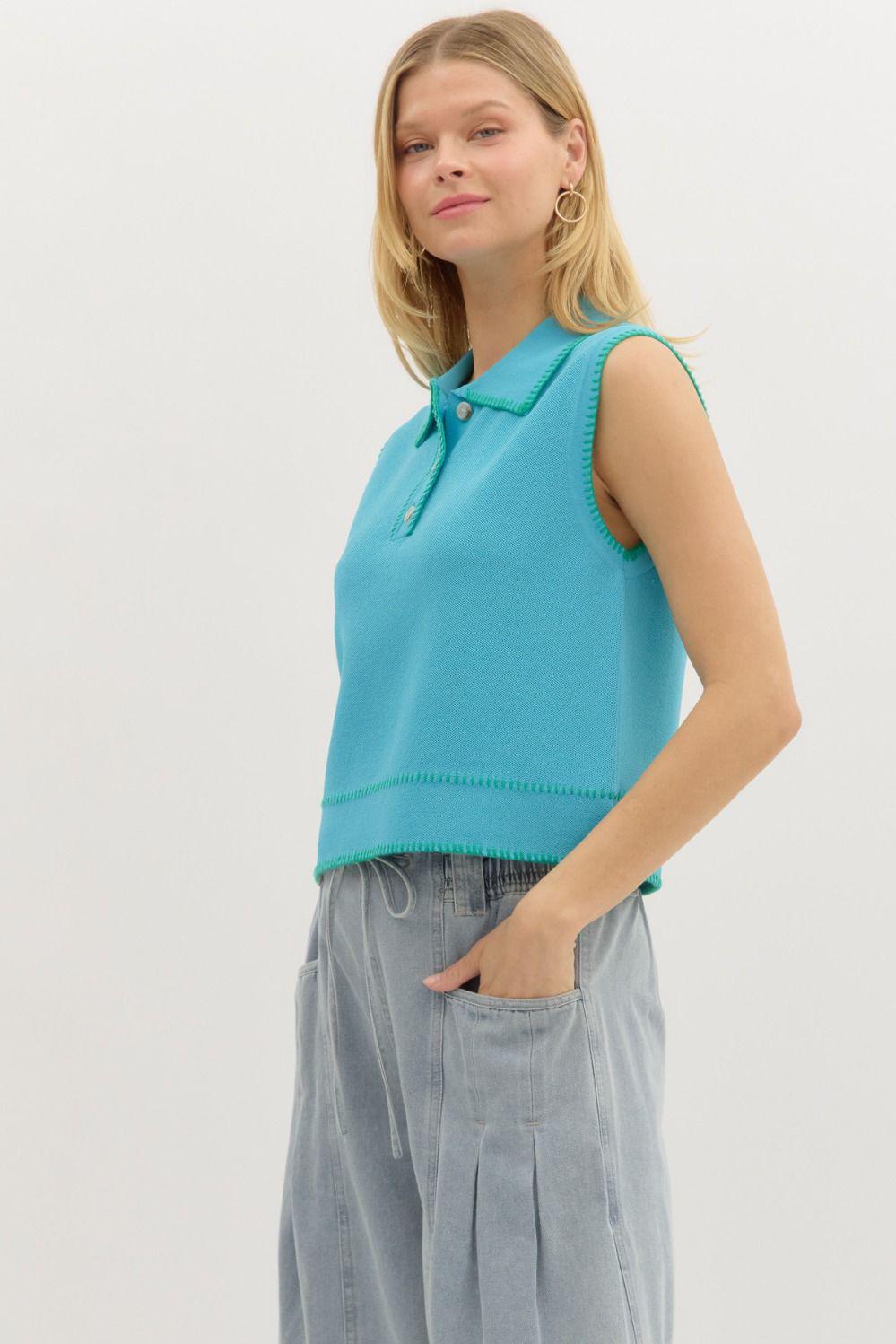 Blue and Lime Knit Pullover Top
