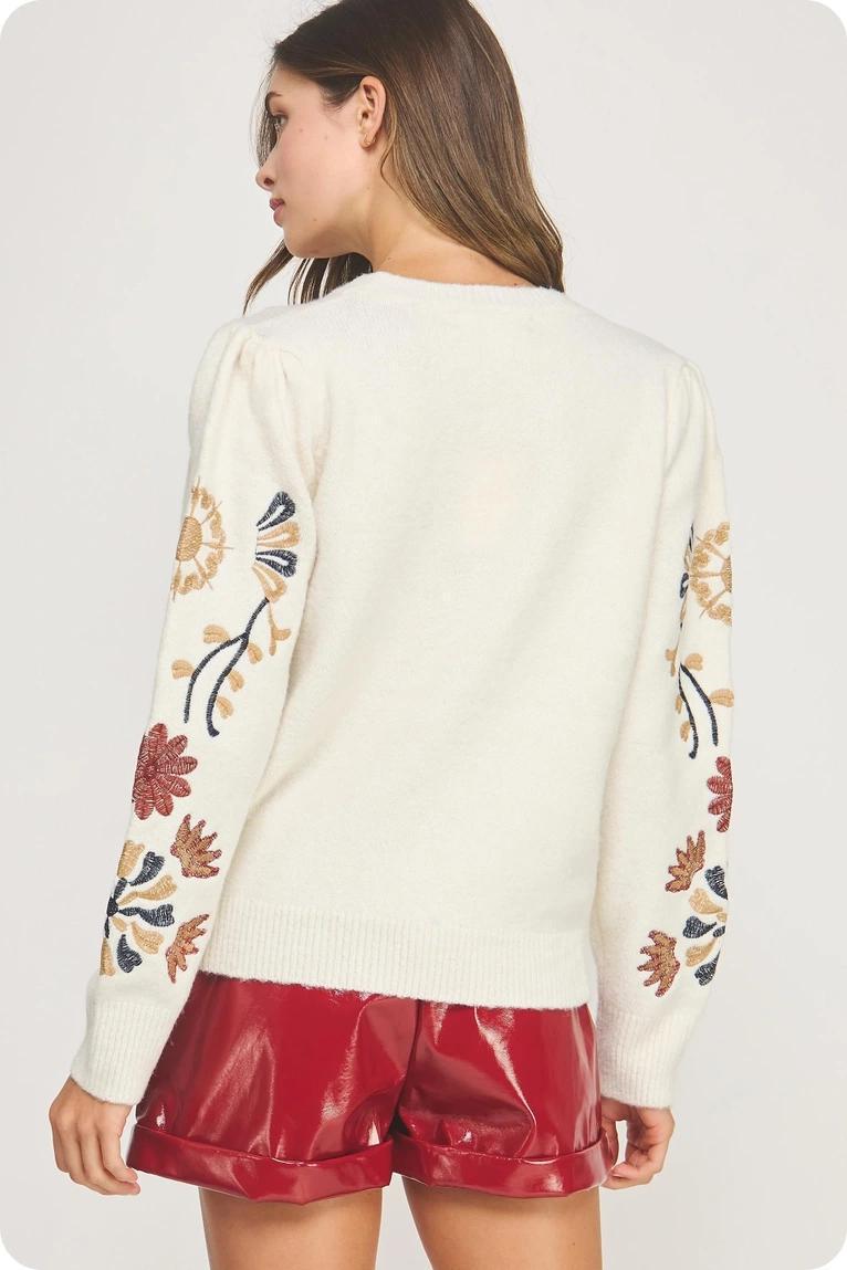 Cream Multi Embroidered Knit Top