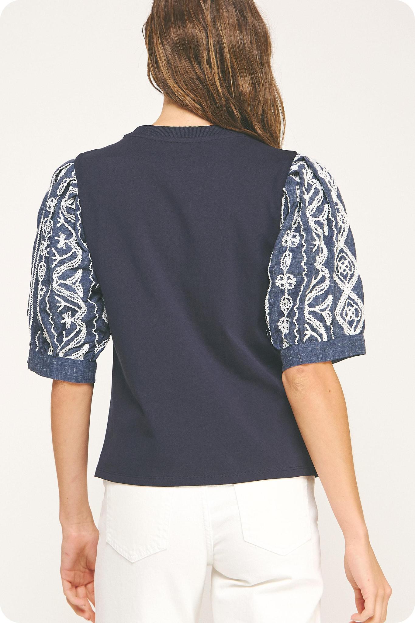 Navy with White Embroidered Tee Top