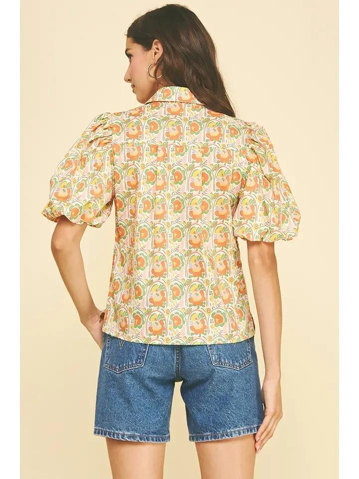 Orange Multi Floral Puffed Sleeve Blouse