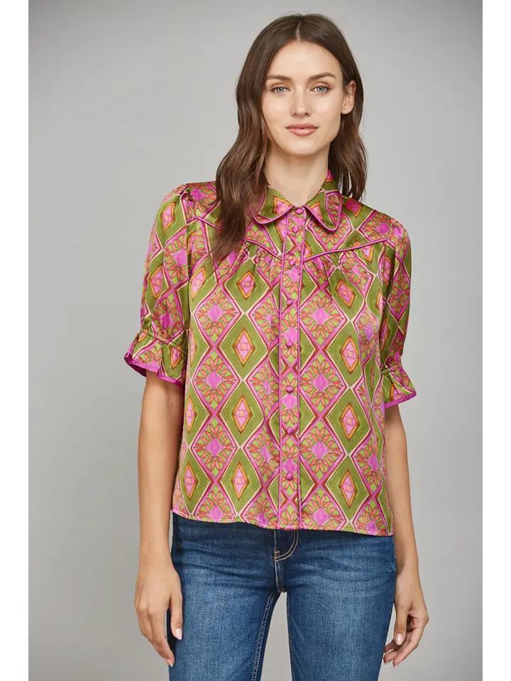Olive and Pink Print Blouse