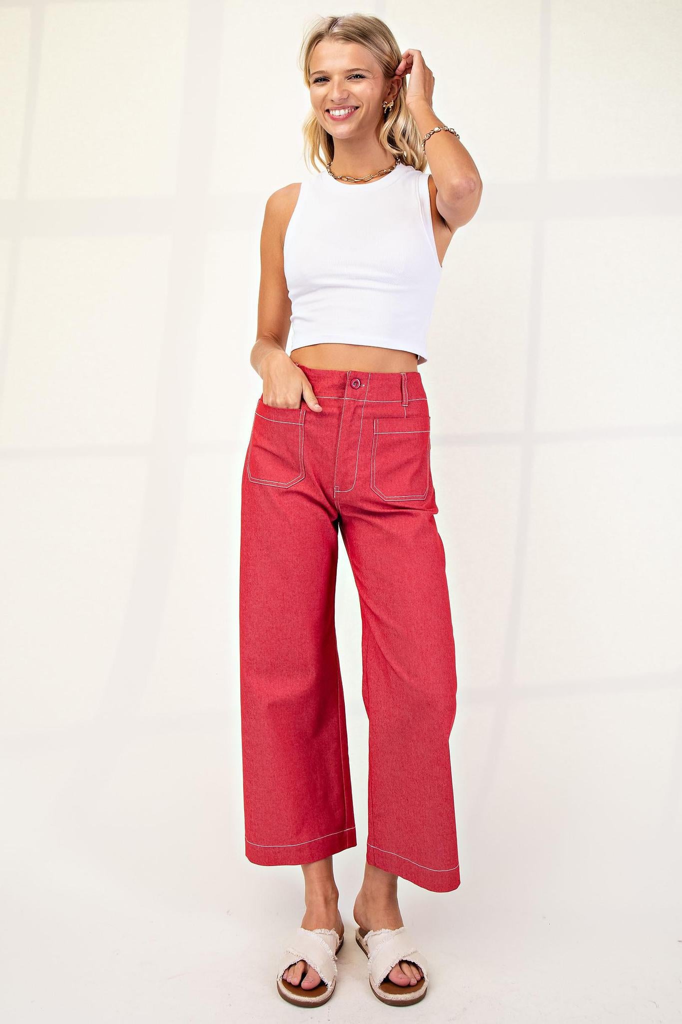 Red Cropped Wide Leg Pants