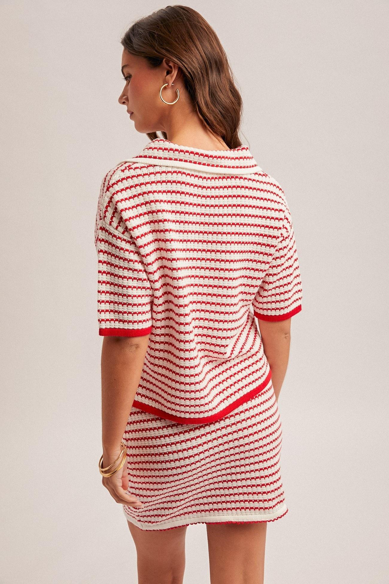 Red V-Neck Polo Knit Top