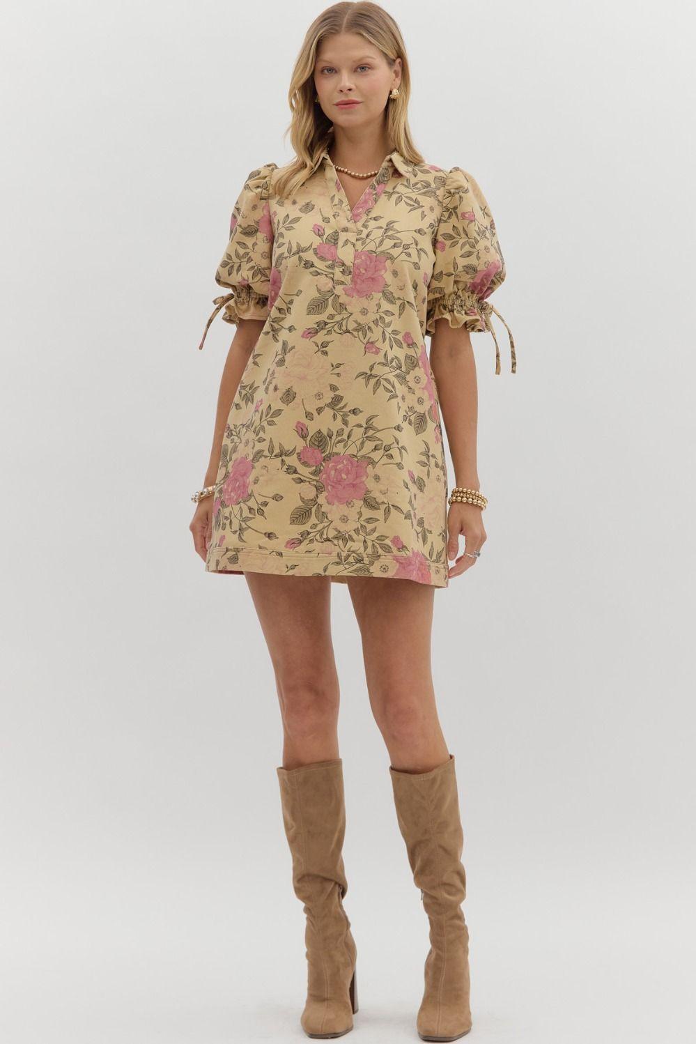 Tan Floral Bow Mini Dress