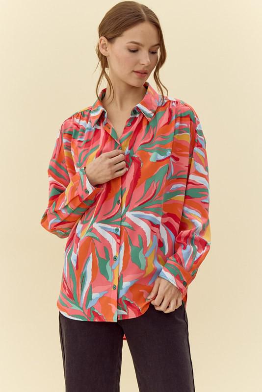 Toffee Abstract Print Button-Up Top