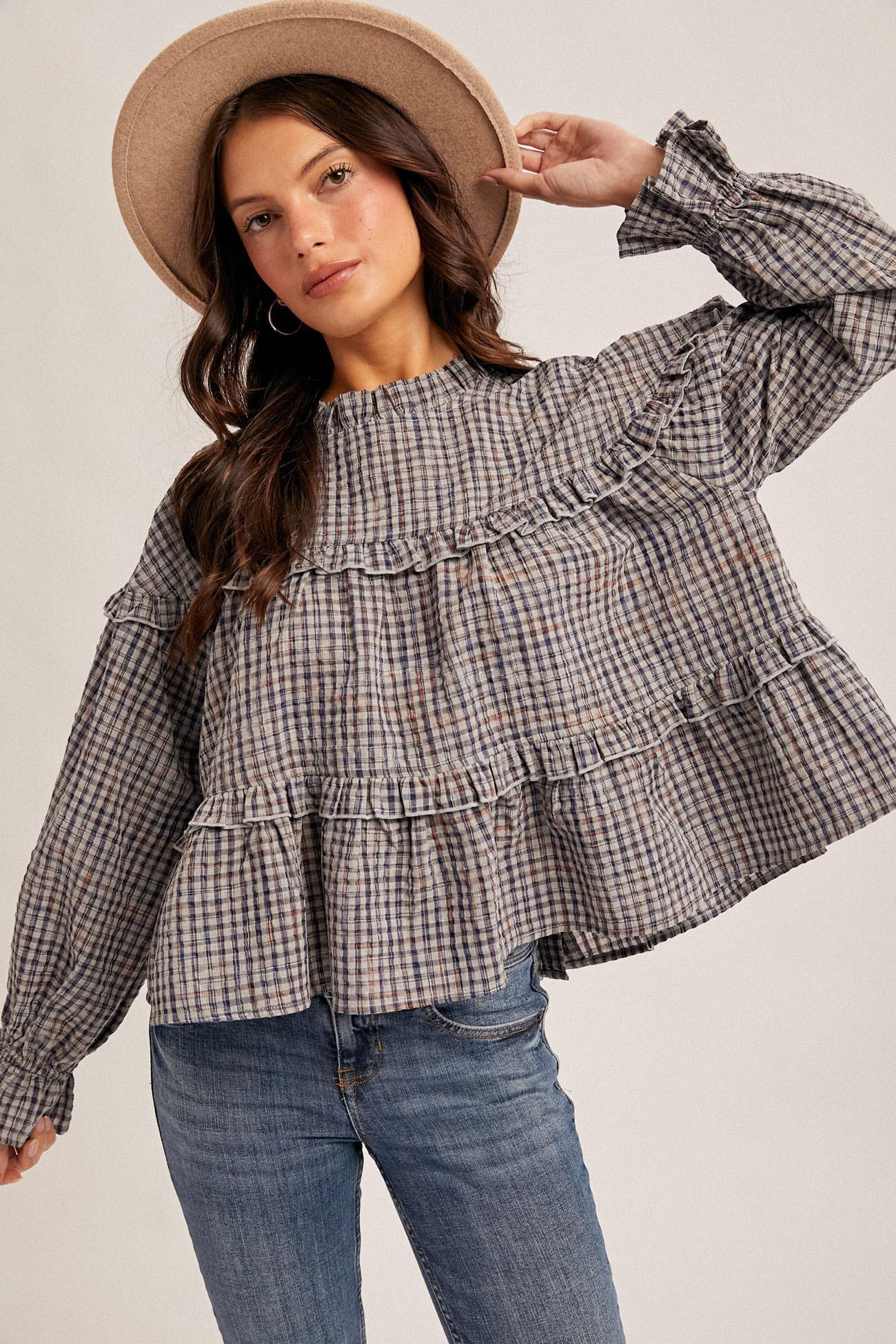 Denim Blue Ruffle Plaid Blouse