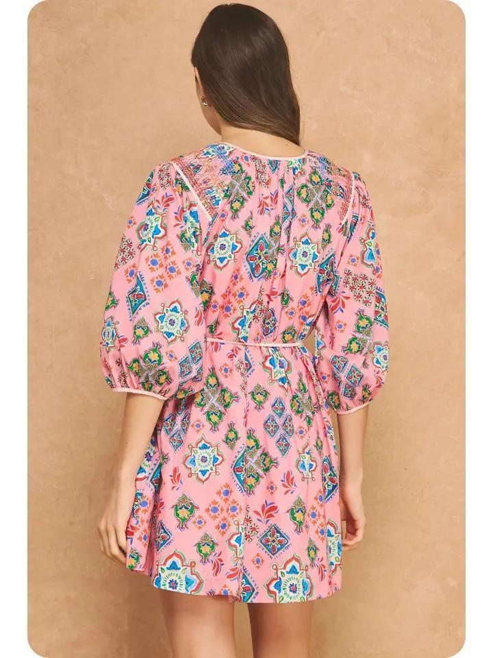 Pink Multi 3/4 Sleeve Printed Mini Dress