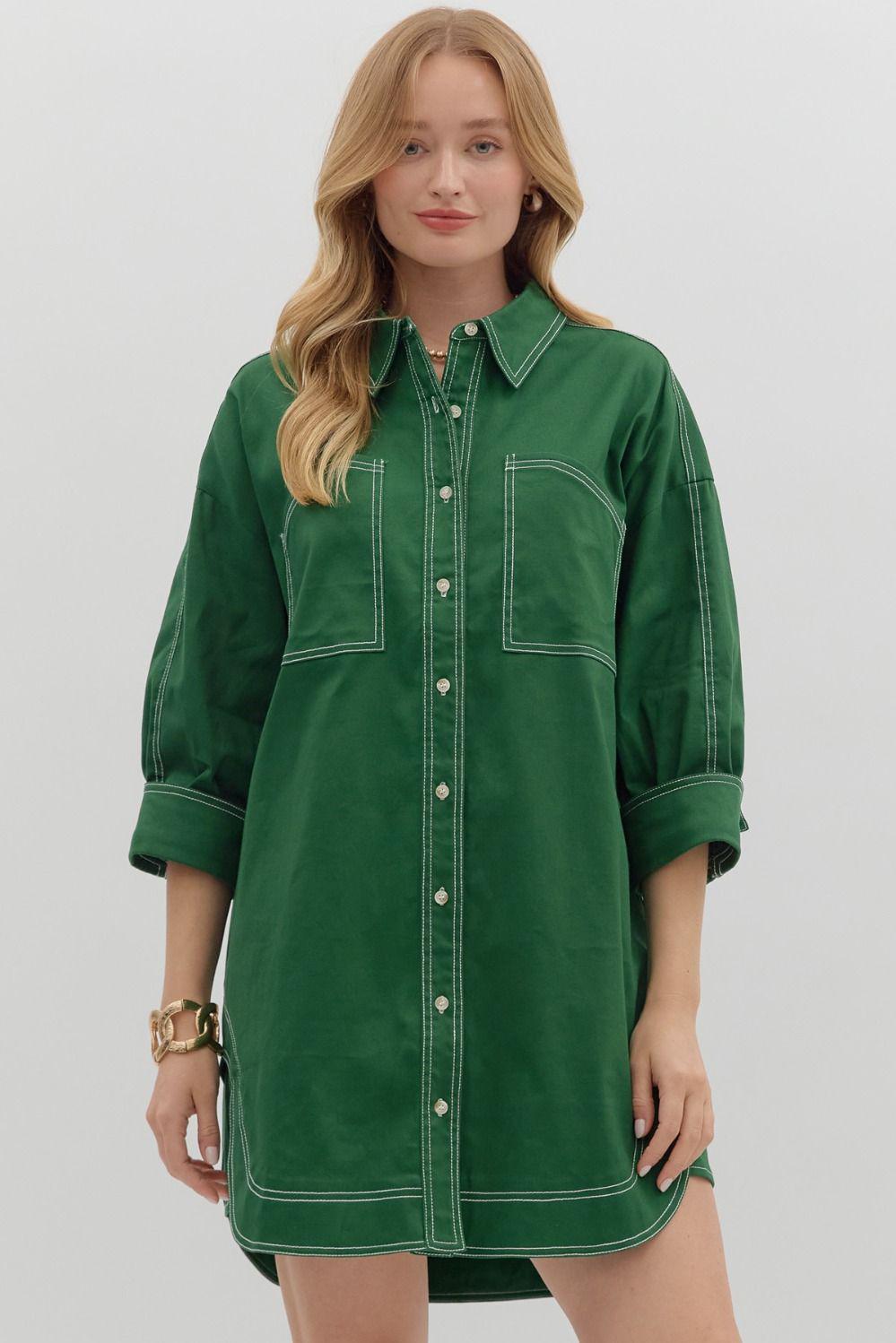 Green Exposed Stitch Shirt Dress