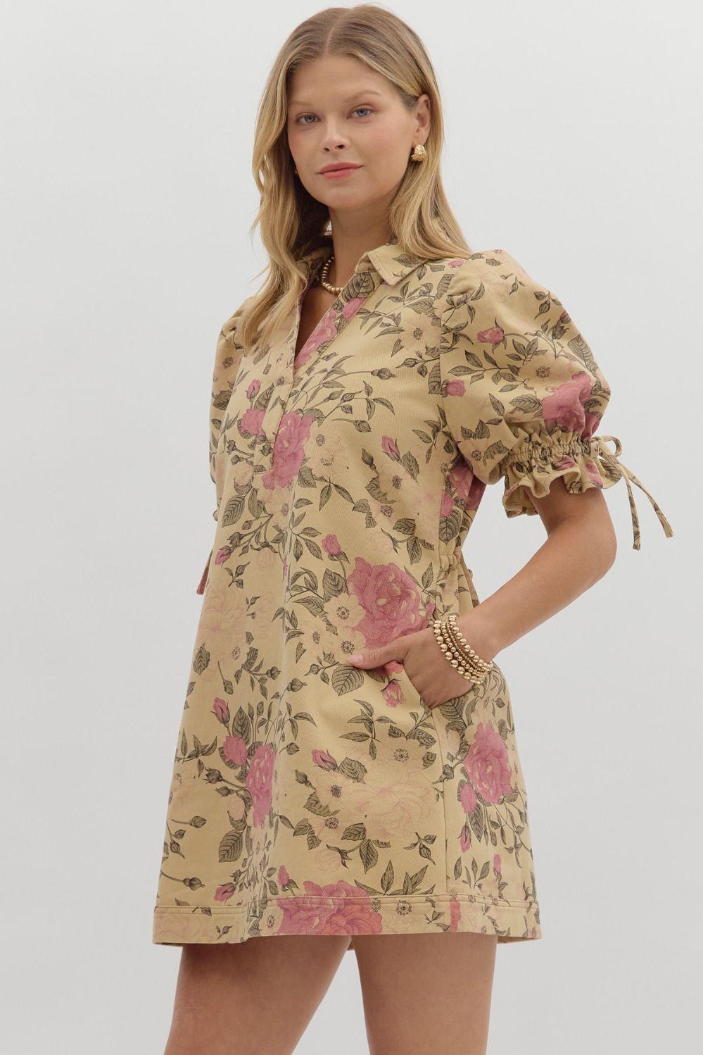 Tan Floral Bow Mini Dress