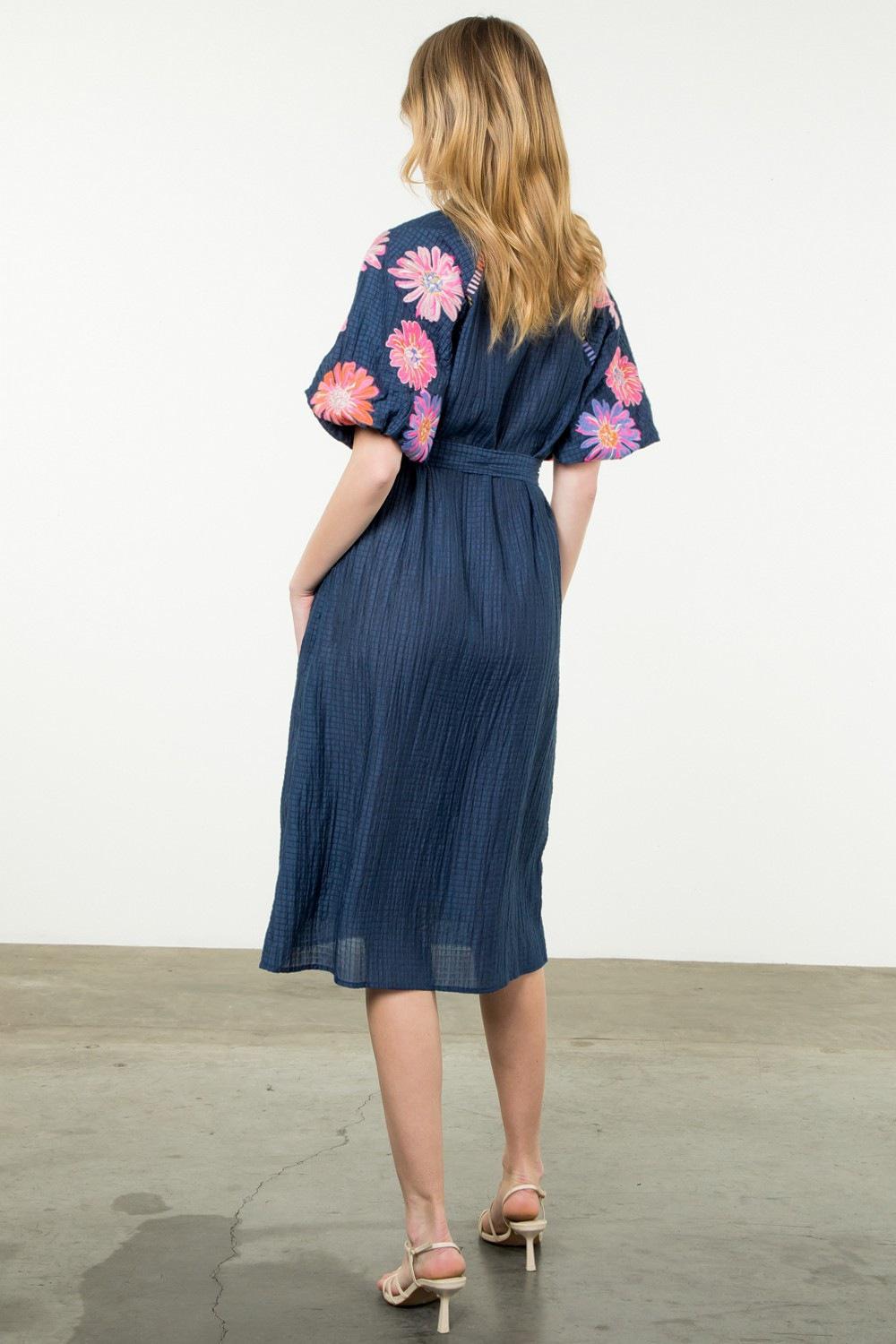 Navy Embroidered Puff Sleeve Textured Midi