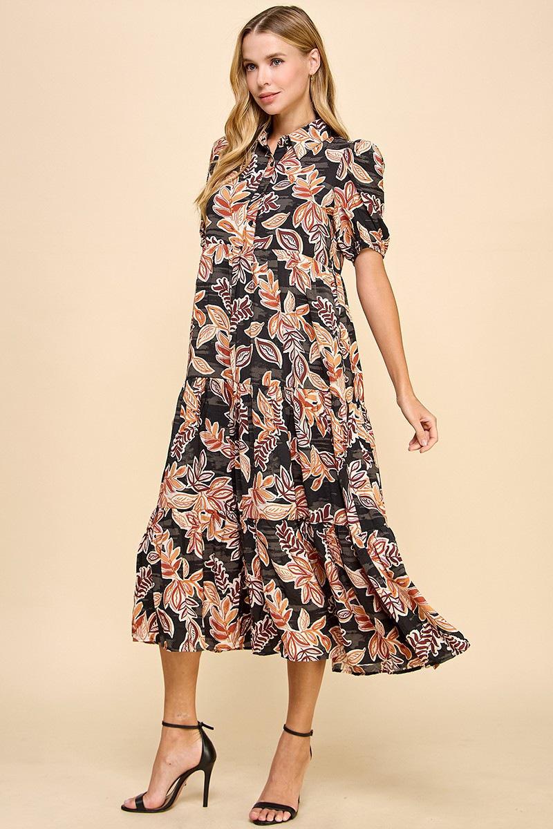 Black Leaf Print Collared Midi Shirt Dress