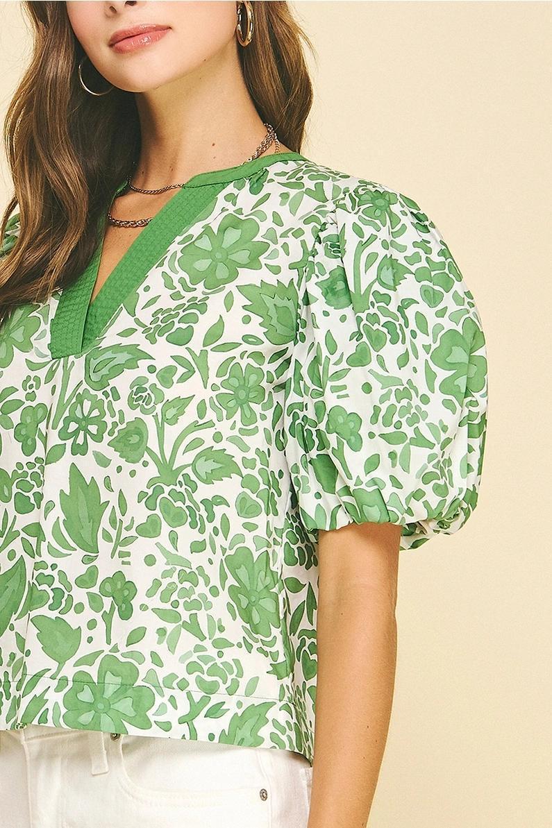 Green Floral Contrast Detailed Top