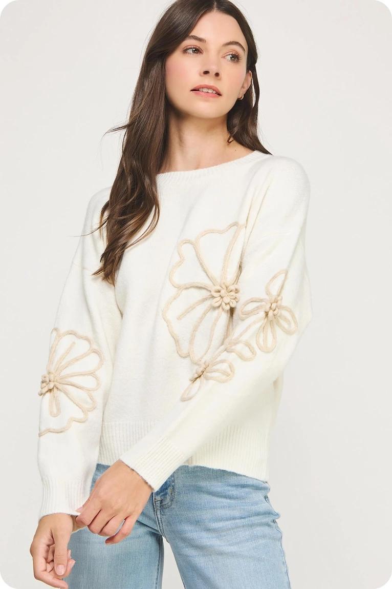 Ivory and Tan Floral Embroidered Top