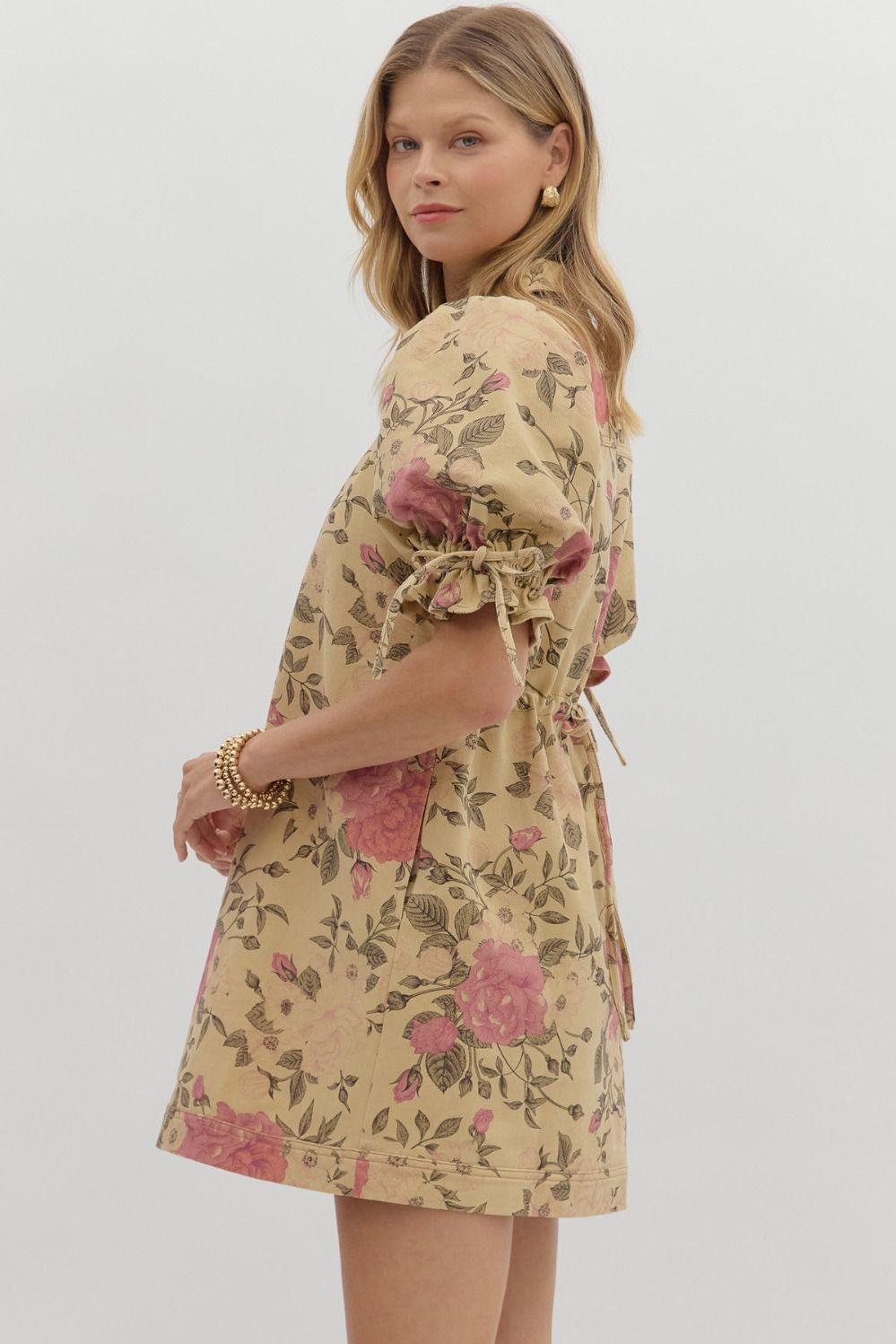 Tan Floral Bow Mini Dress