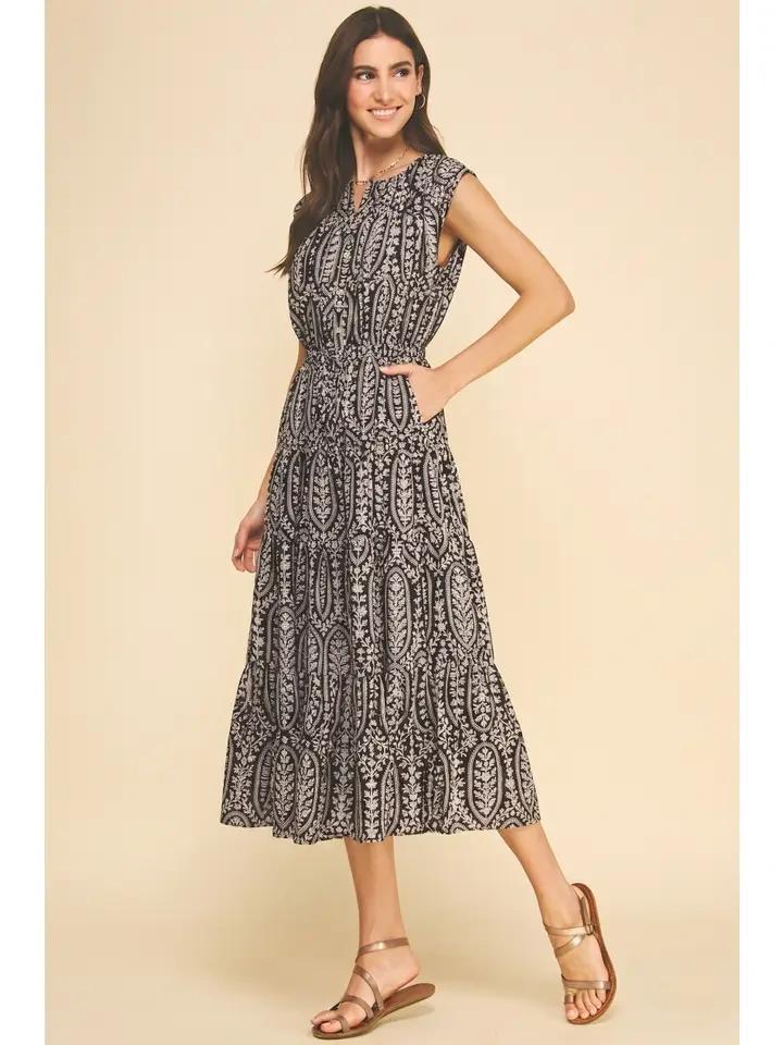 Black and Ivory Bohemian Leaf Print Midi