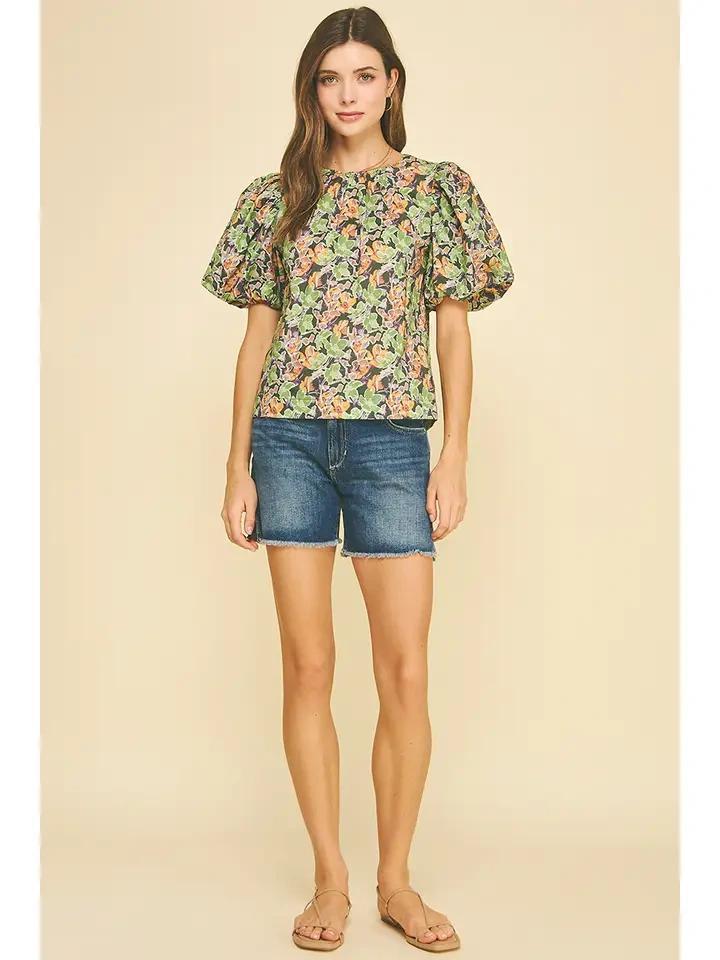 Olive Floral Puff Sleeve Blouse