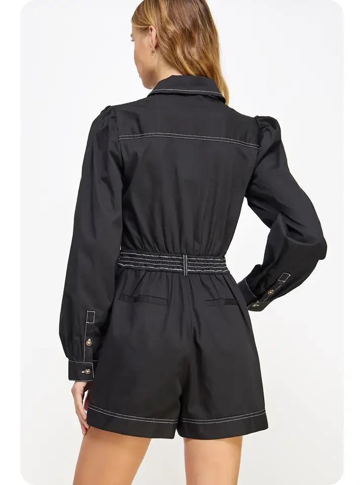 Black Topstitched Twill Romper