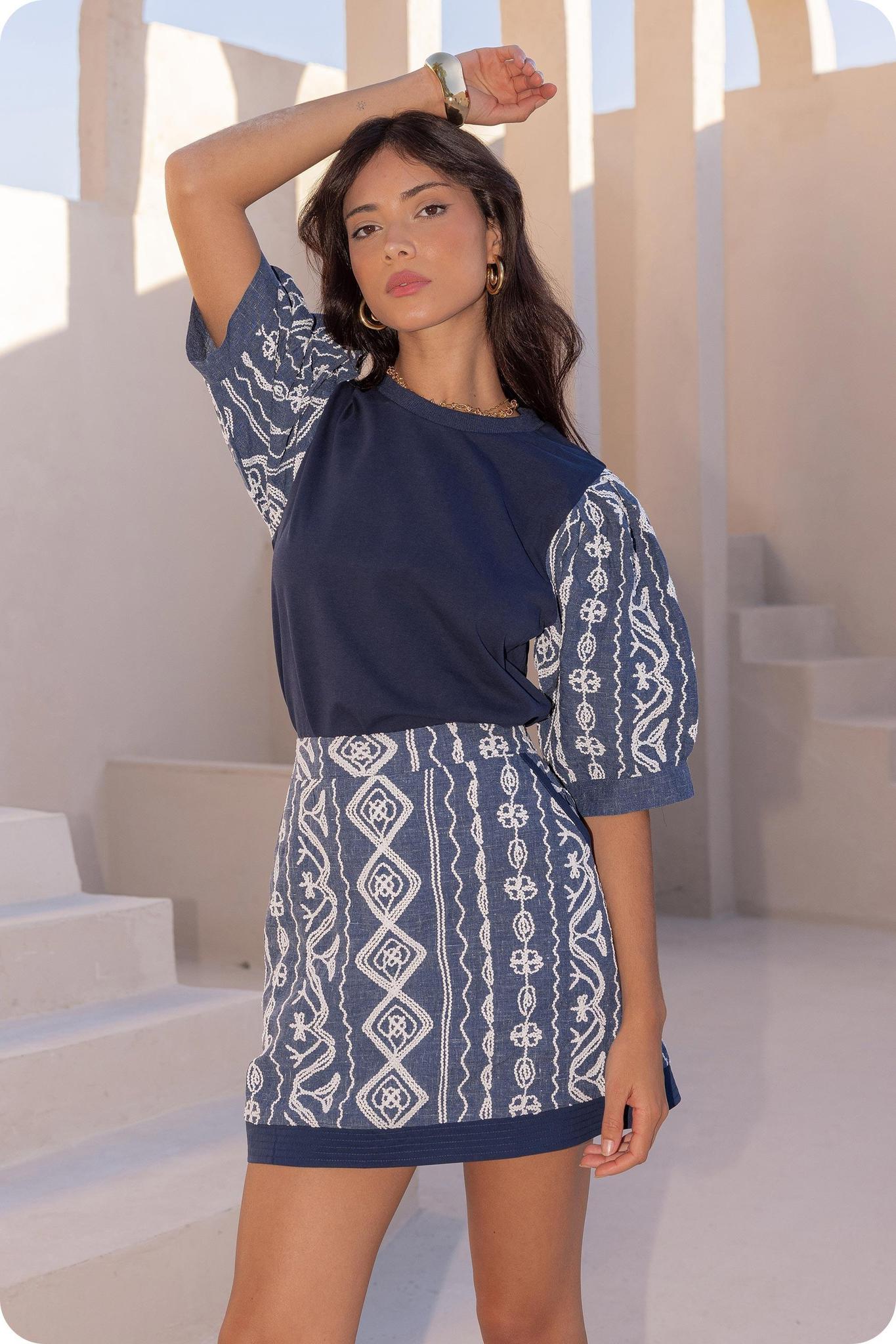 Navy with White Embroidered Tee Top