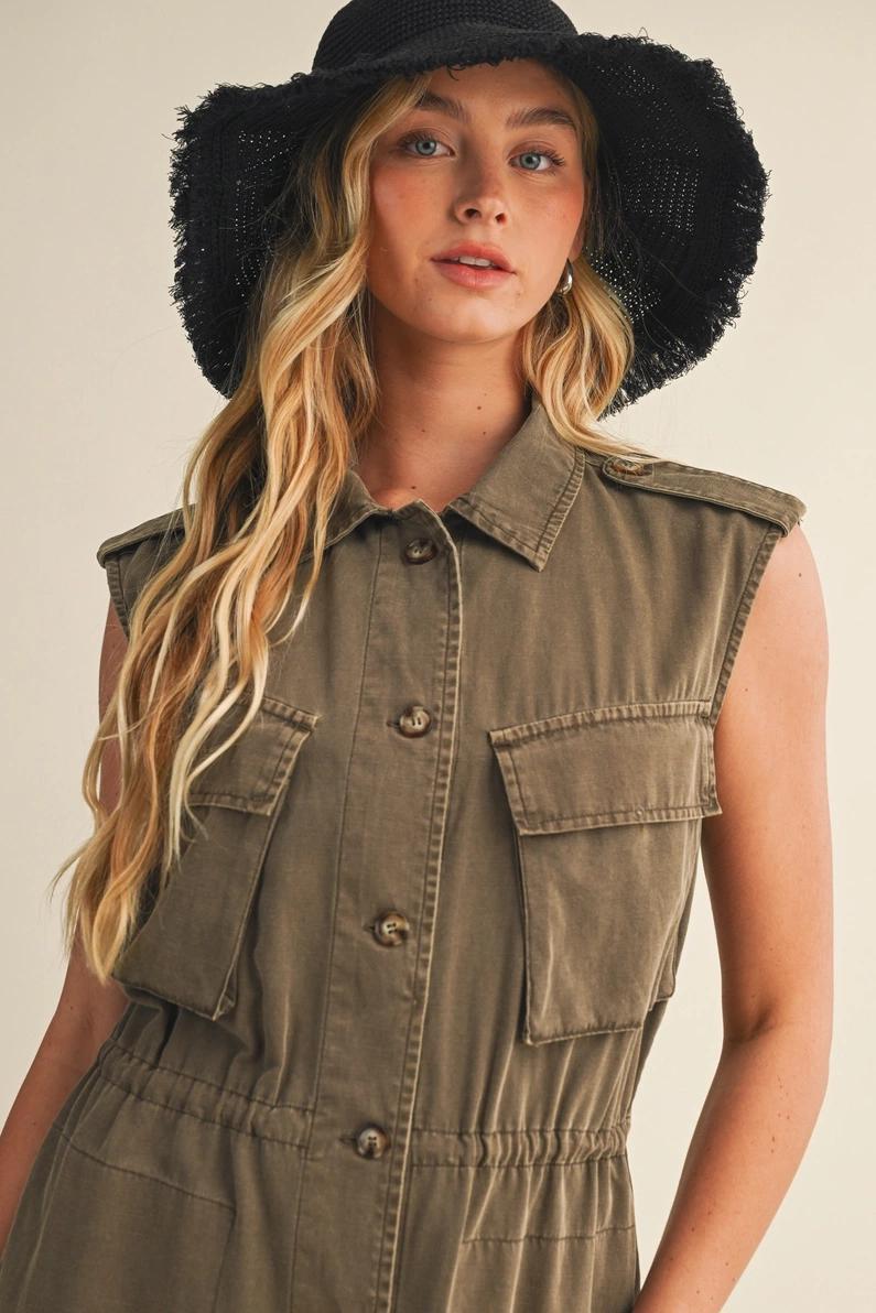Olive Sleeveless Shirt Dress