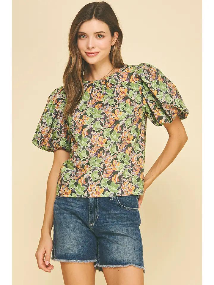 Olive Floral Puff Sleeve Blouse