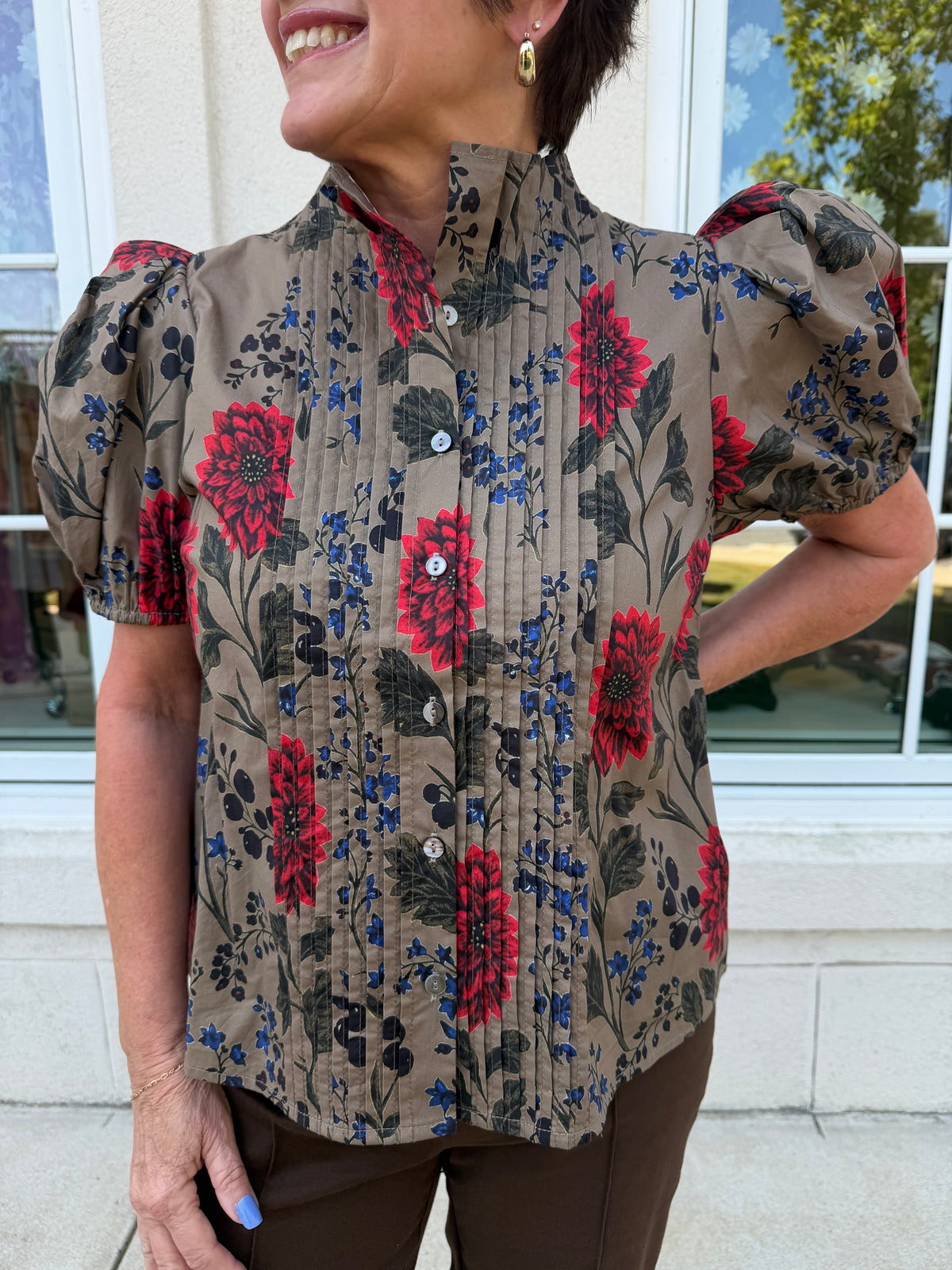 Camel Floral Pintuck Front Top