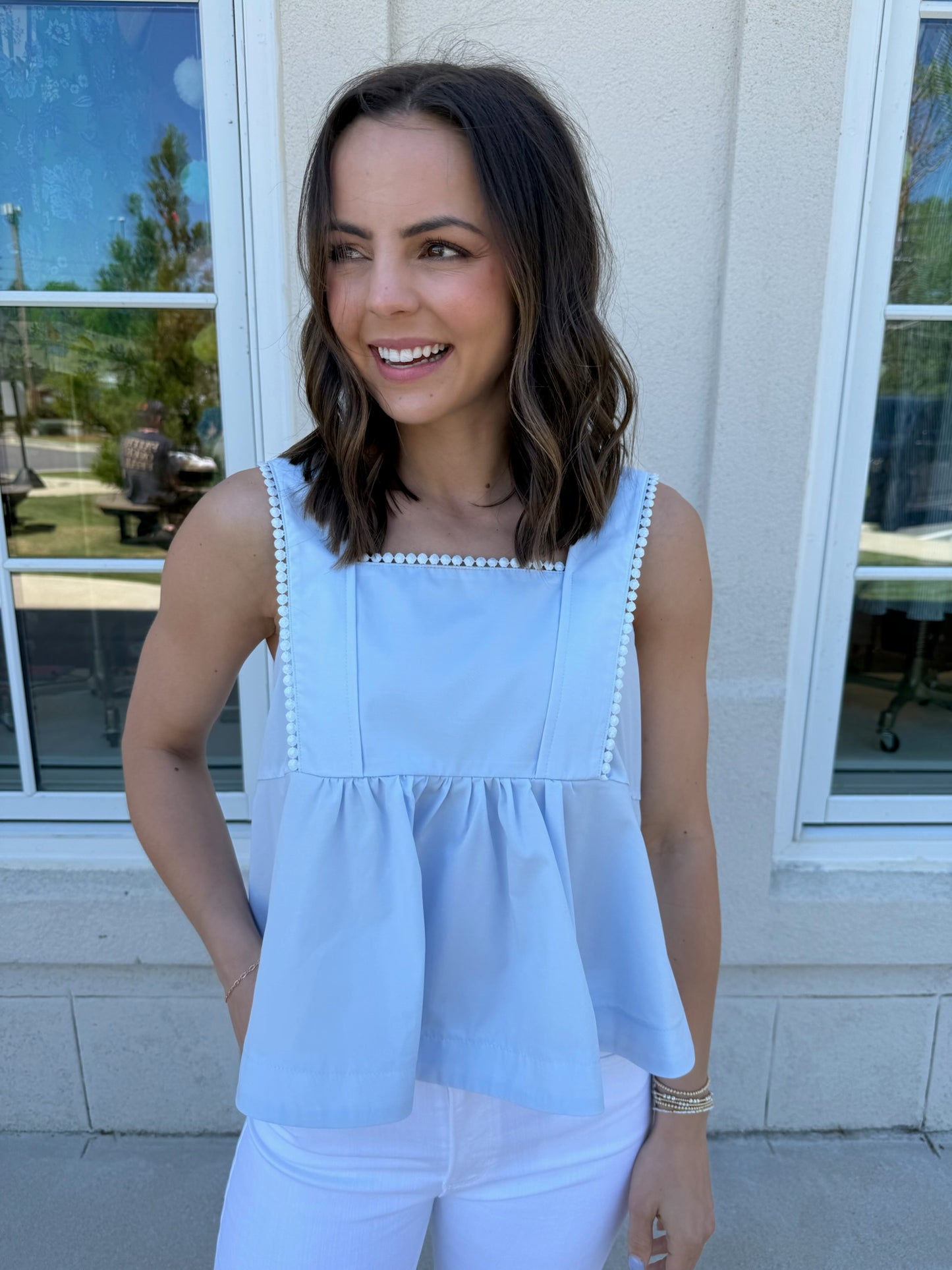 Powder Blue Crochet Trim Swing Top