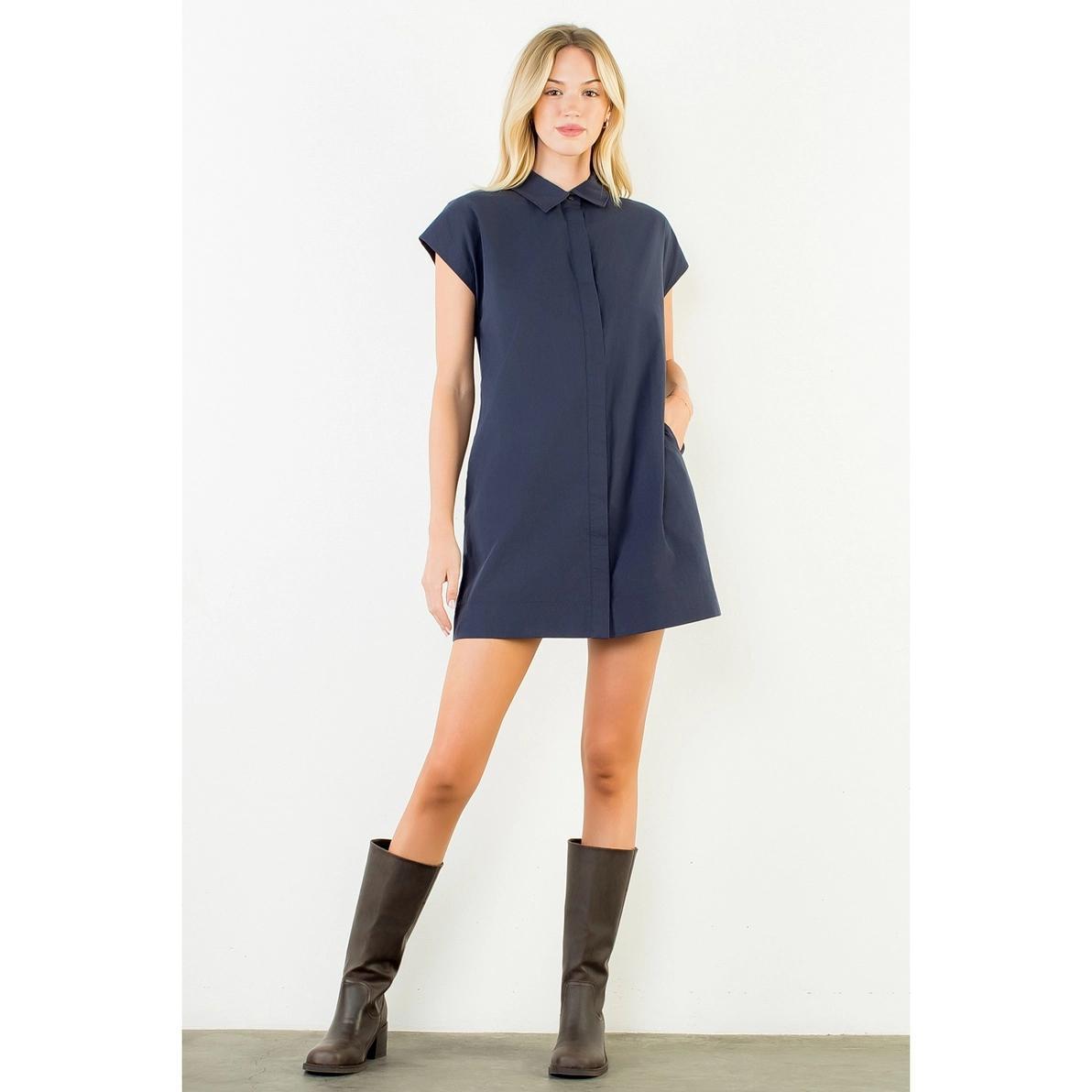 Navy Collared Button Down Dress