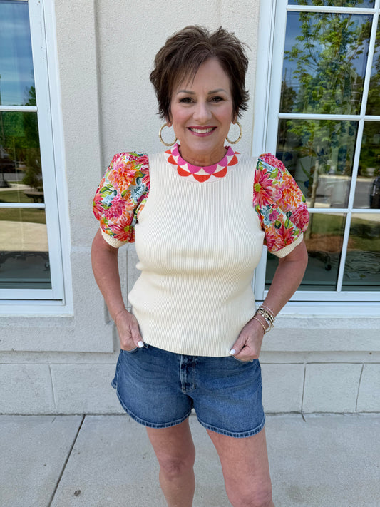 Beige with Contrast Sleeve and Trim Top