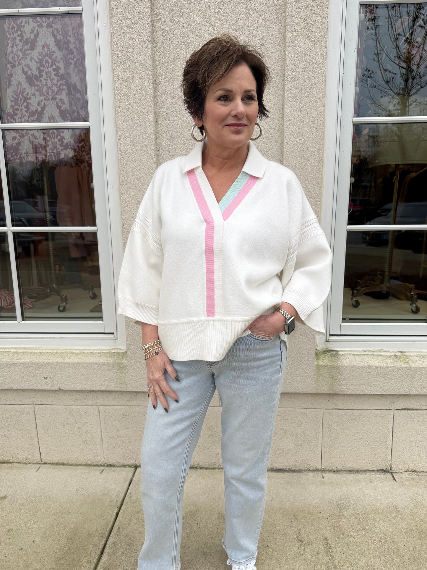 Cream Striped Collared Sweater