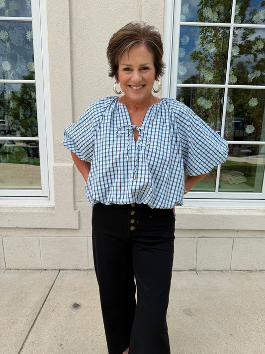 Chambray Plaid Bubble Hem Top