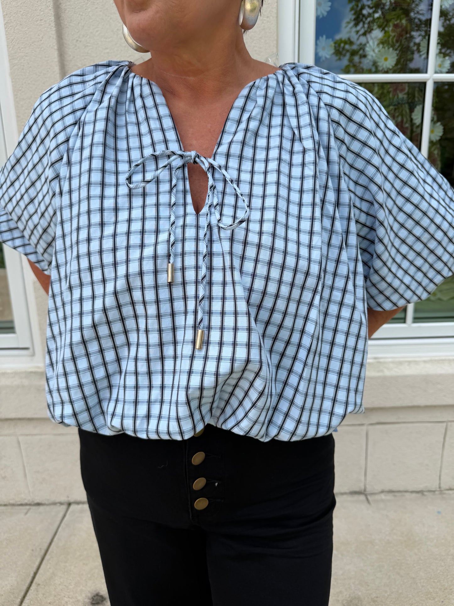 Chambray Plaid Bubble Hem Top