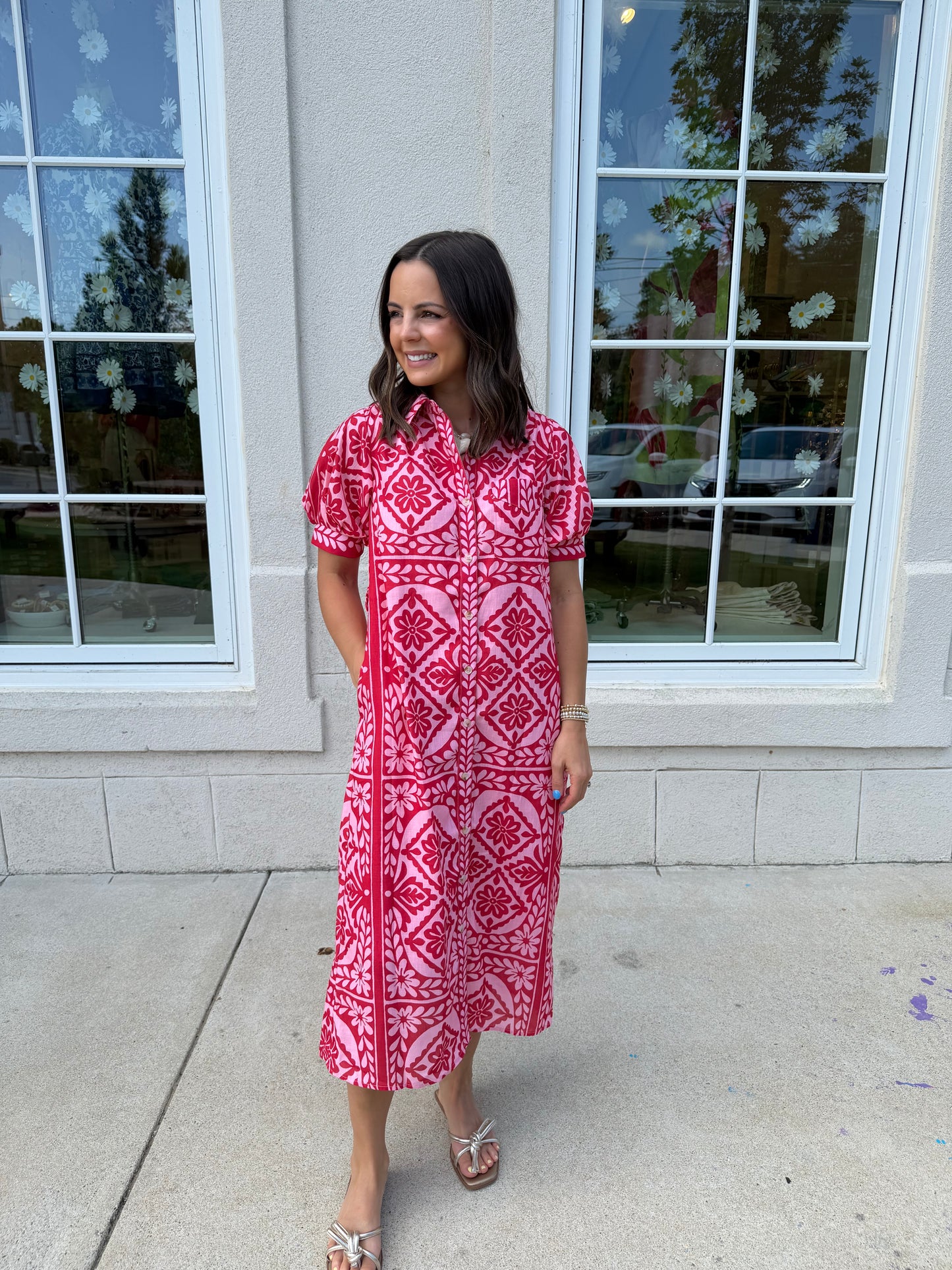 Pink and Red Floral Midi Shirt Dress