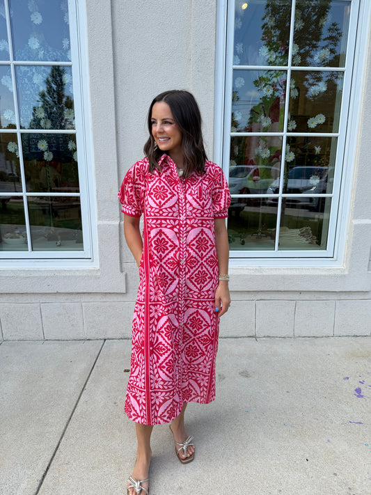 Pink and Red Floral Midi Shirt Dress