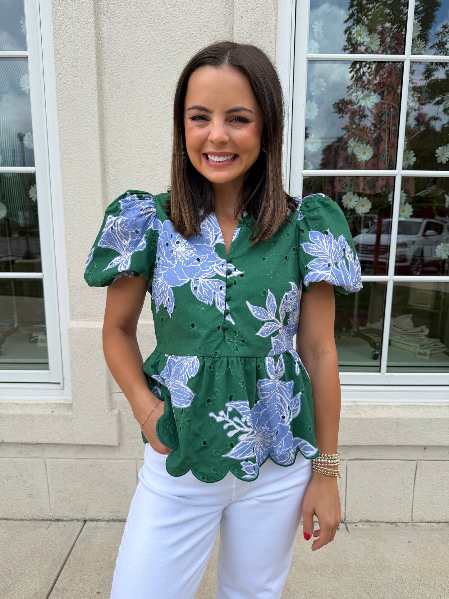 H Green and Lt Blue Floral Eyelet Top