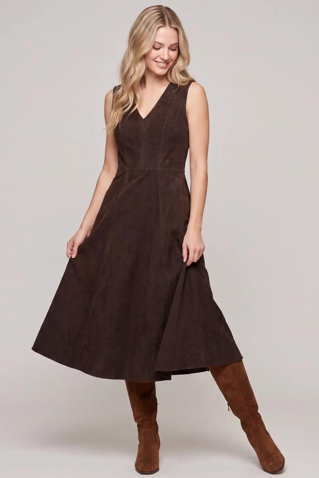 Brown Stretch Suede Midi Dress