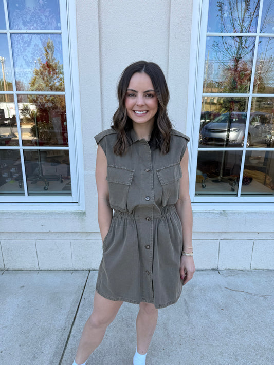 Olive Sleeveless Shirt Dress