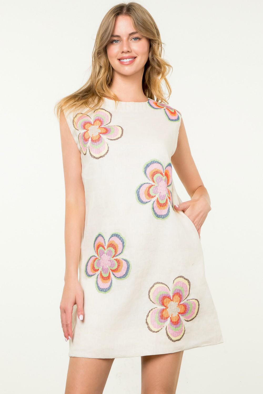 Cream Flower Embroidered Dress