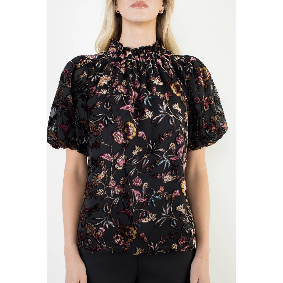 Black Floral Velvet Detailed Top