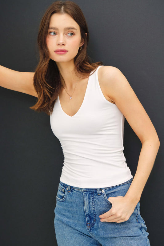 Off White V Neck Full Jersey Tank