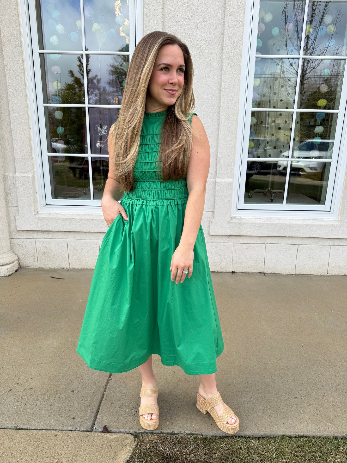 Kelly Green Smocking Detailed Midi