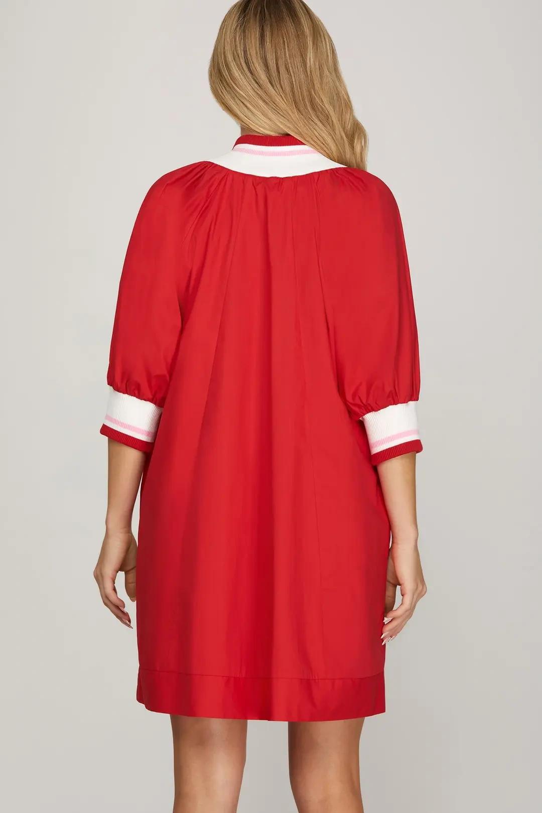 Red Half Sleeve Half Zip Dress