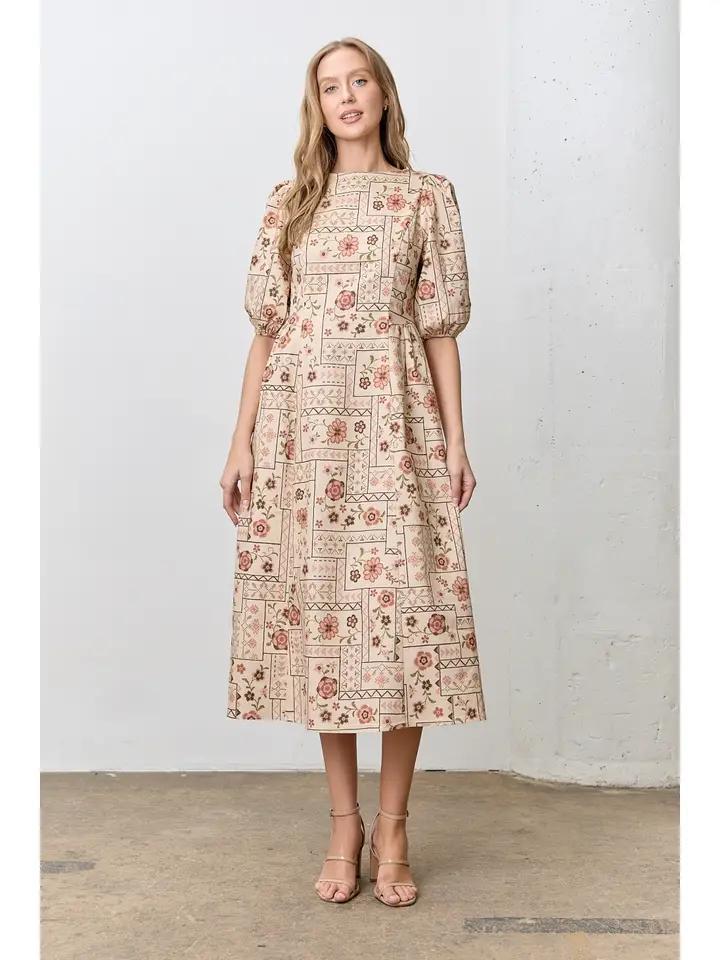 Natural Cross Stitch Print Denim Maxi