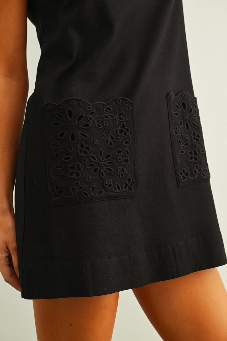 Black Linen Dress with Eyelet Pocket