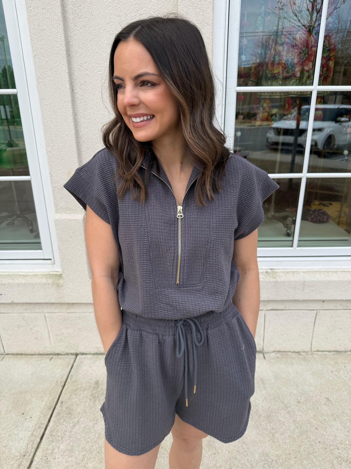 Charcoal Drawstring Romper