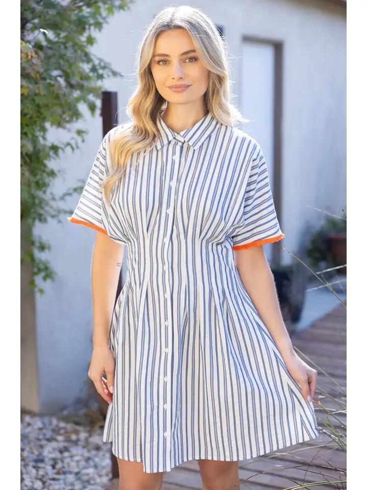 Blue Pleated Waist Mini Flare Shirt Dress