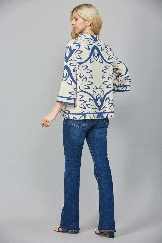 Cream and Teal Blue Jacquard Knit Sweater