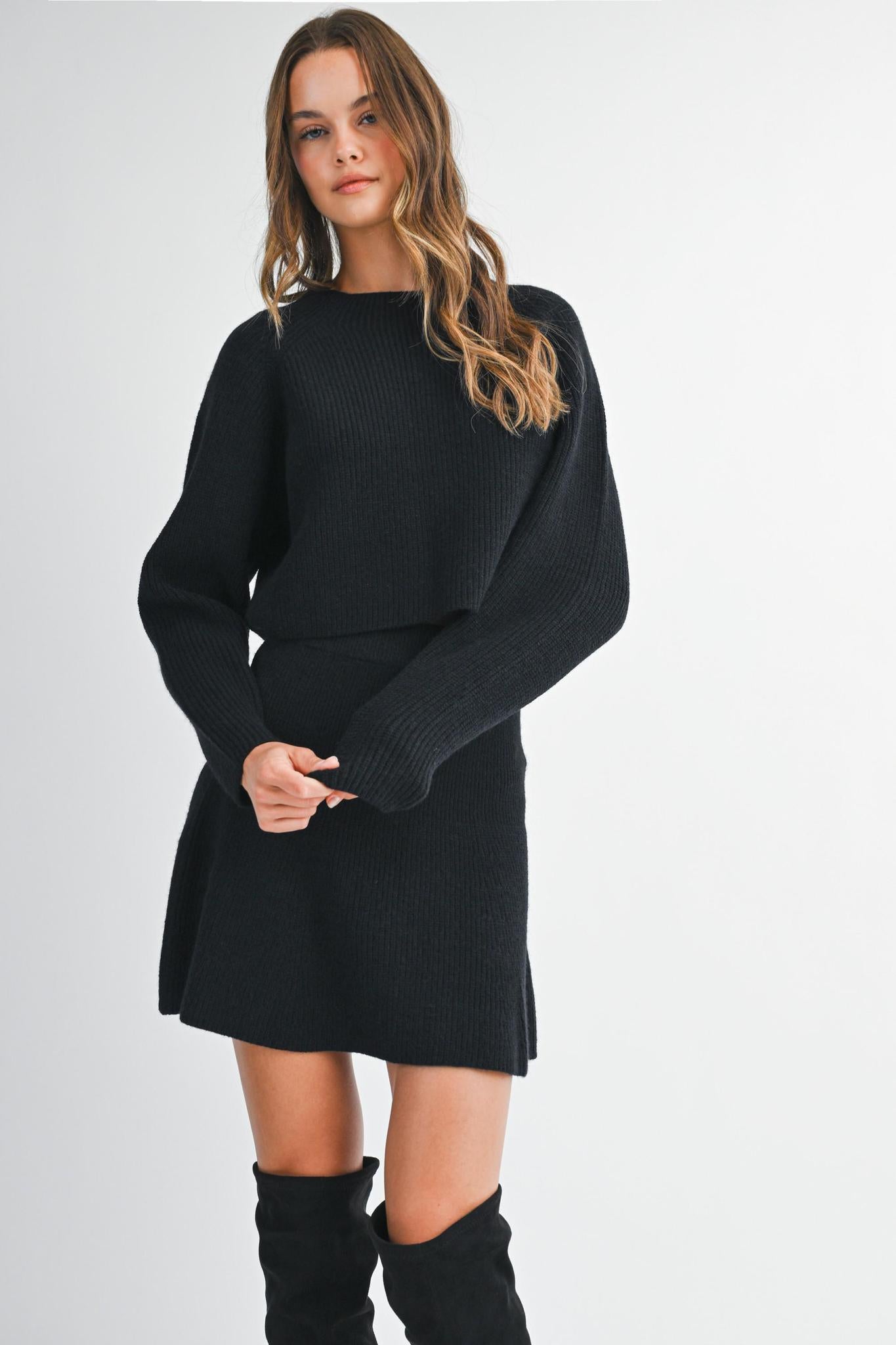 Black Knit Top and Flare Skirt Set