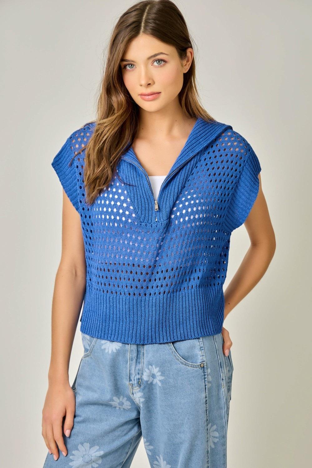Royal Blue Fishnet Zip-Up Sweater