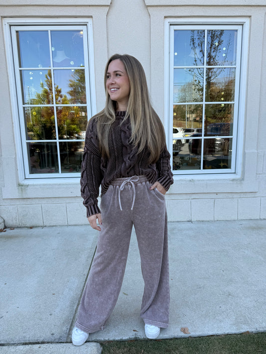 Cocoa Acid Washed Crew Sweater Set